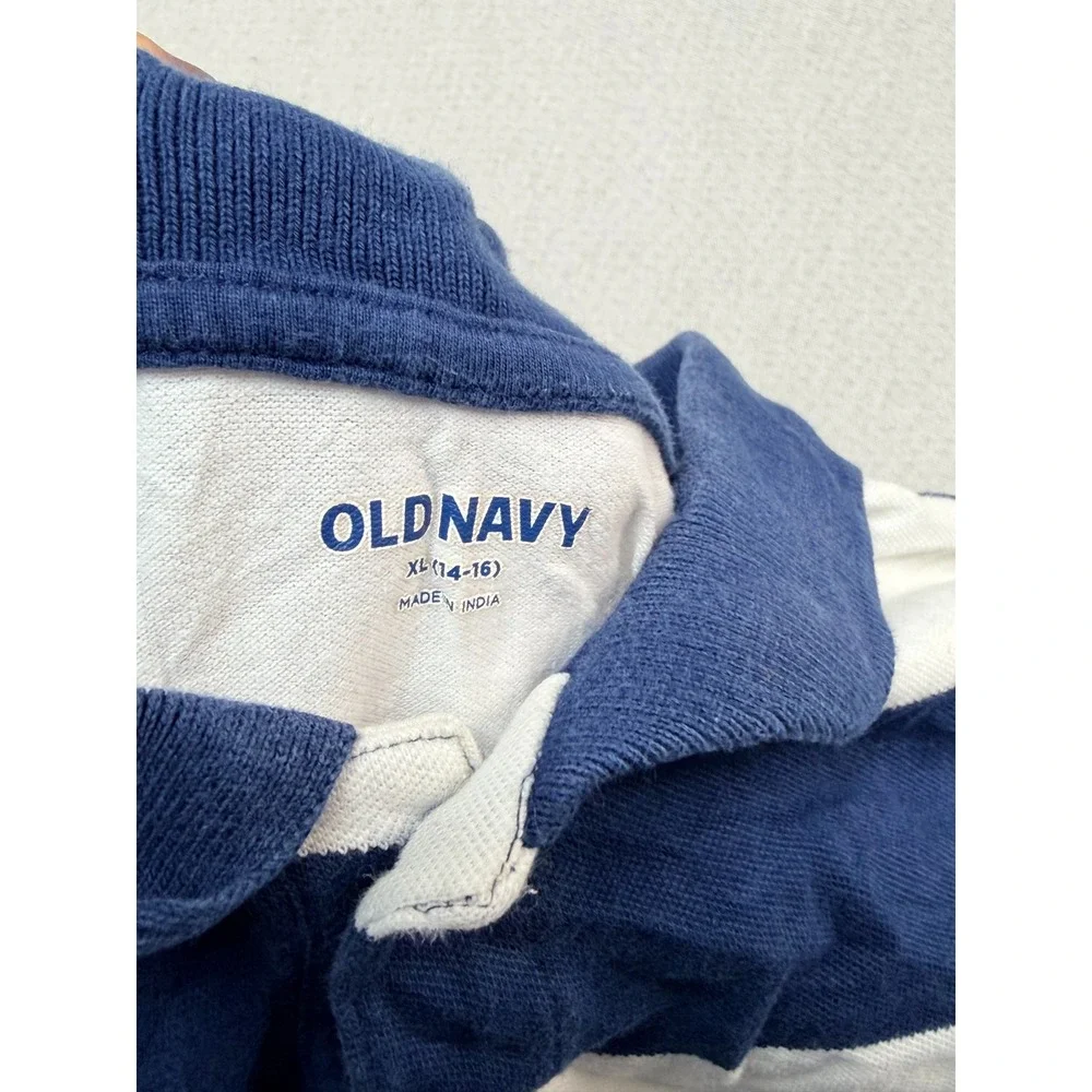 Old Navy Polo Shirt Kids Extra Large 14-16 Blue White Excellent Striped Pique